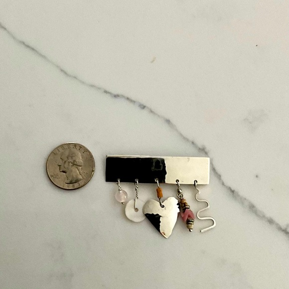 Sterling Silver Rectangle Brooch Pin w/Drop beads and Heart Stamped AH - Picture 4 of 4